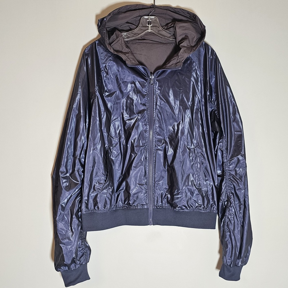 Fabletics Jacket Womens XL Purple Gray Reversible Rain Windbreaker Hooded Pocket